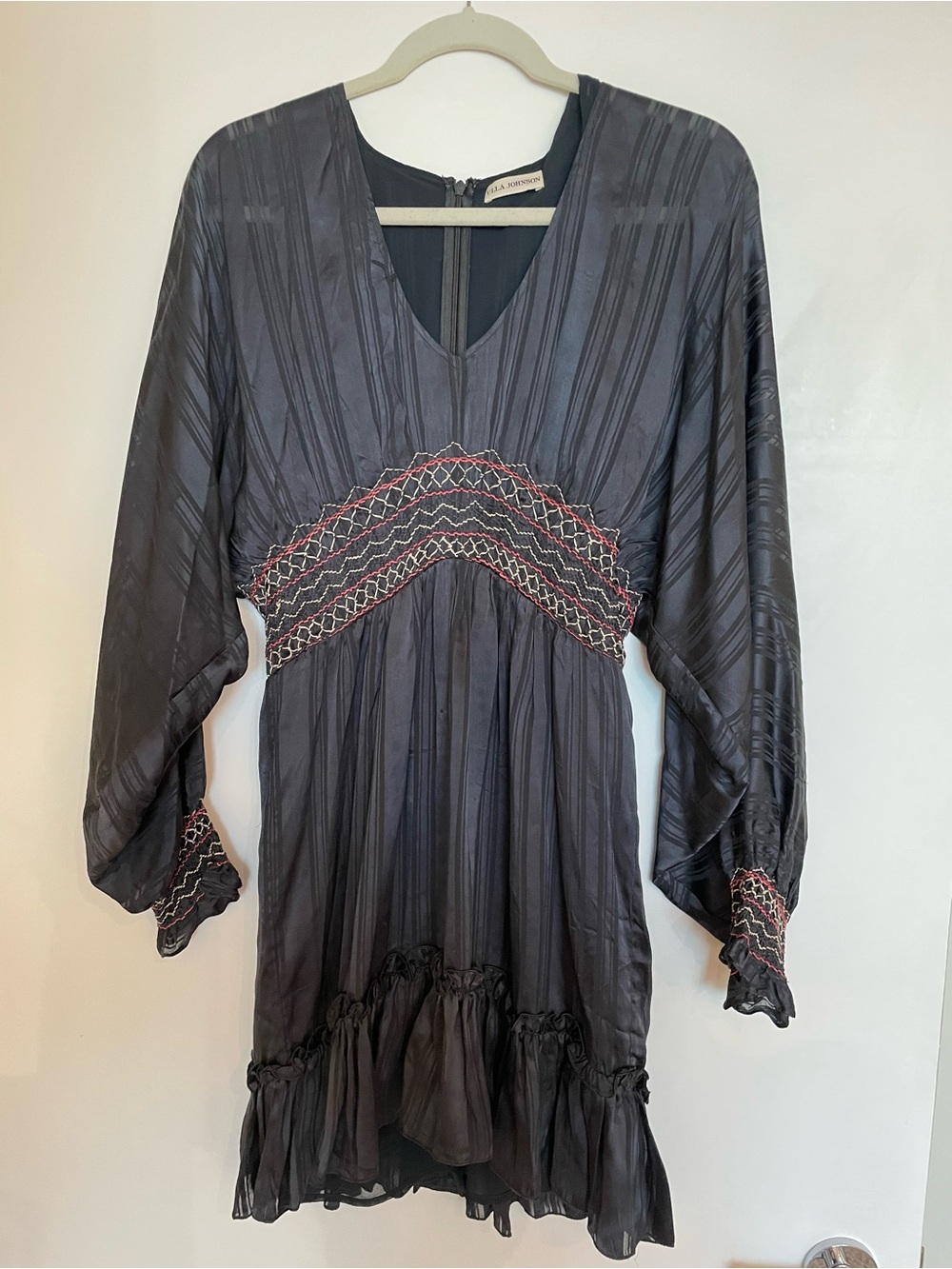 Ulla Johnson Black Long-Sleeve V-Neck Dress with Red Embroidery